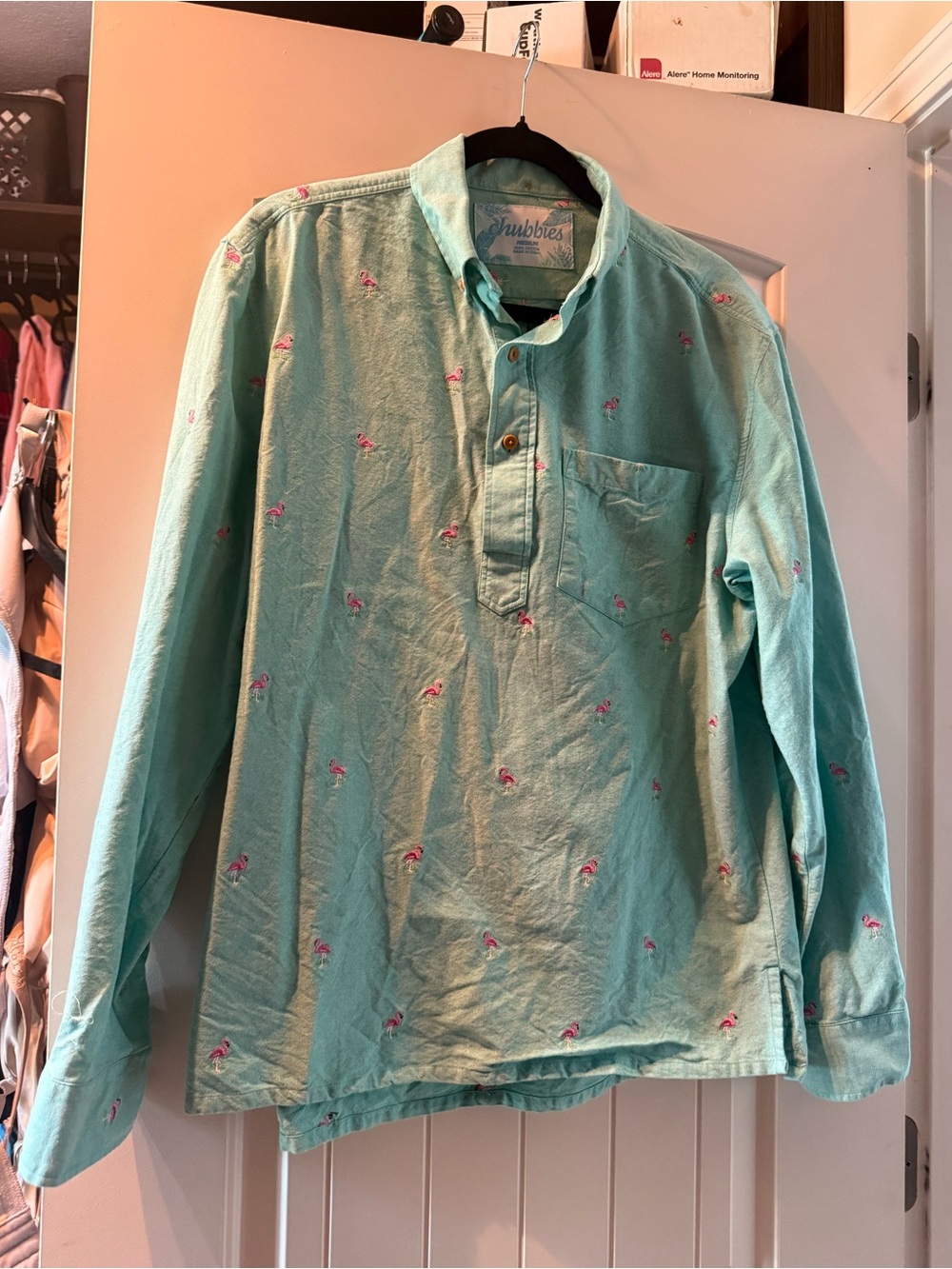 Women’s Mint Green Button-Down Casual Shirt with Pink Flamingo Embroidery